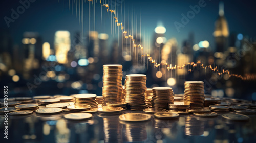 Financial growth with stacks of coins in the foreground and a blurred graph indicating stock market trends in the background.
