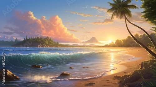 The sun rising over a pristine sandy beach, creating a peaceful and idyllic scene.
