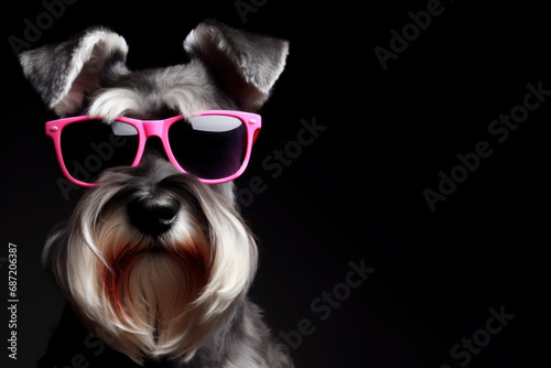 Cool pink sunglasses on the face of a schnauzer on black background. ai generative