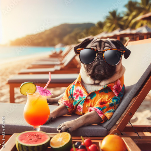 Relaxed pug dog in sunglasses and wear a Hawaiian shirt lounging on deck chair with fruity cocktail. ai generative