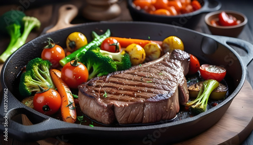 Beef steak with vegetables in a frying pan on a wooden table. Generative AI