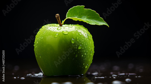 Zielone jabłko, soczyste, piękne, świeże na czarnym tle z kroplami wody.