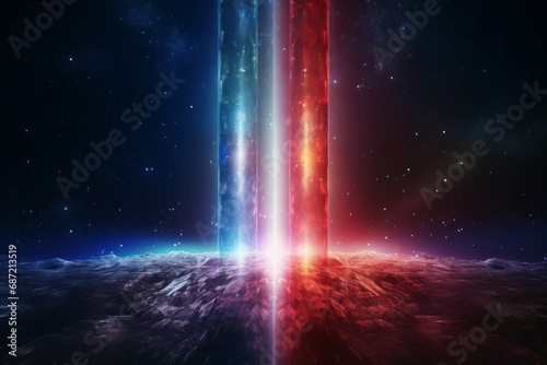 abstract red blue neon background. Glowing linear volumetric cube in the middle of the city street, under the starry night sky. Digital futuristic wallpaper