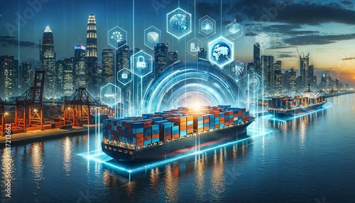 Futuristic Smart Shipping and Logistics Concept with Cityscape