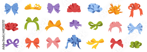 Colorful bows, gift bows. Simple hand drawn ribbon bow collection. Bowknot for decoration, big set 