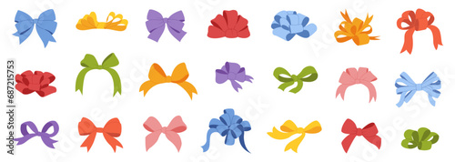 Colorful bows, gift bows. Simple hand drawn ribbon bow collection. Bowknot for decoration, big set 