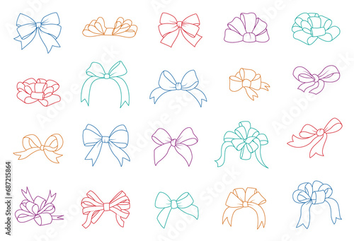 Colorful bows, gift bows. line art. Simple hand drawn ribbon bow collection. Bowknot for decoration, big set 