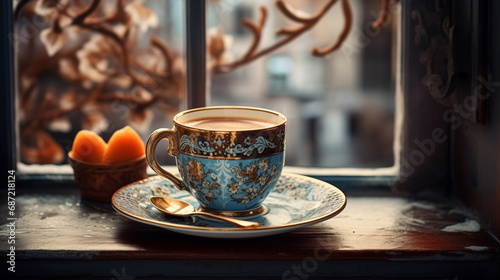 A cup of coffee in historic vintage style, exquisite crockery in dark gold and light azure, eastern-inspired scene