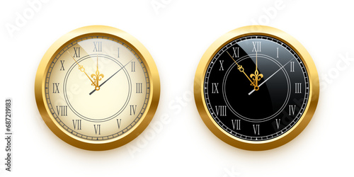 Vintage gold clock face set, elegant roman numerals clock isolated on white background. Realistic classical watch with white and black dial. Time scale under glass. Vector illustration