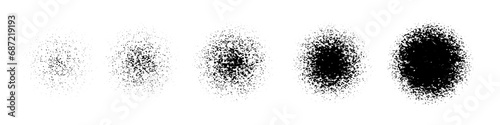 Circle spray gradient pattern. Set of grain dot round frames. Noise texture rings. White black dust or sand circular borders. Sun view. Solar eclipse. Abstract vector illustration