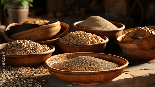 vasijas llenas de trigo y cereales