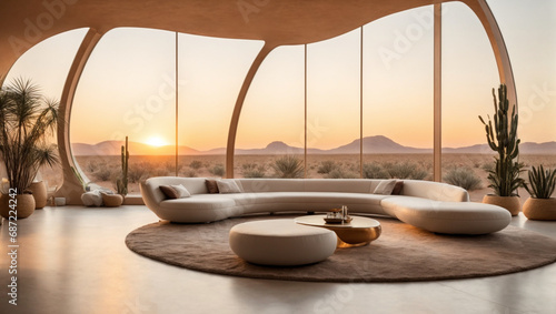 Gran salón de madera con grandes ventanales, con vistas a un gran desierto y las montañas. Arquitectura moderna.