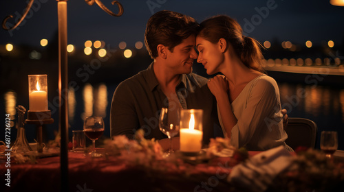Lover couple dinner together with steak and wine in restaurant river sideview at night 