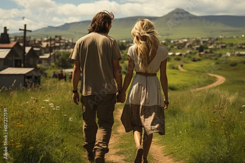 Two lovers stroll hand in hand through a lush field, their feet clad in sturdy hiking boots as they bask in the warm summer sun under a cloud-speckled sky, surrounded by vibrant plants and the majest
