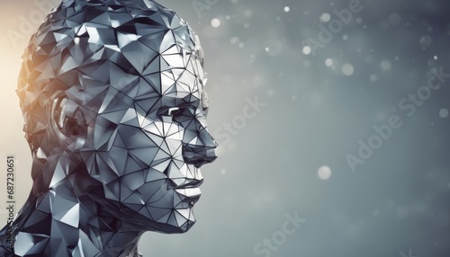 Realistic 3d man head polygonal skin. Abstract lines, triangles and particle style design