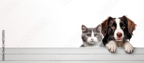 Store signboard template with cat and dog on white background Copy space image Place for adding text or design