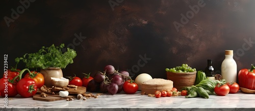 Various food ingredients are placed on the kitchen table next to a marble stone Copy space image Place for adding text or design