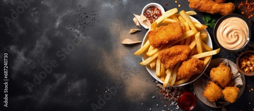 Vegan fish and chips alongside tofu and chips served with vegan sauce Copy space image Place for adding text or design