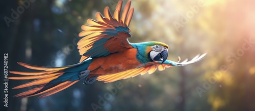 Spectacular picture of a tropical macaw parrot in flight animal kingdom colorful bird wildlife photography ara in zoo Copy space image Place for adding text or design