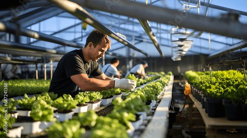 Personas trabajando en invernaderos de plantas y flores