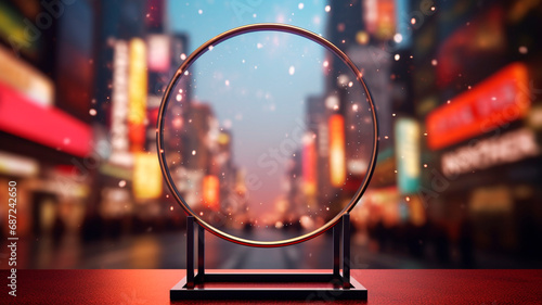A minimalist circular metal stand set against an evening city backdrop with soft bokeh, perfect for advertising accessories, smartphones, and costume jewelry.