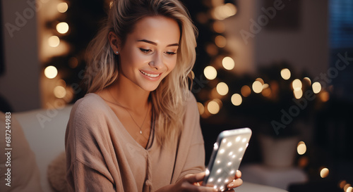 Young woman talking to someone via video call on a smartphone on Christmas holidays at home, blurred living room with festive lights on background