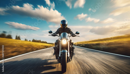 front view of a motorcycle or motorbike driving fast on road in rural landscape .ai generated