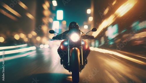 motorbike driving fast in city at night. riding motorcycle front view .ai generated