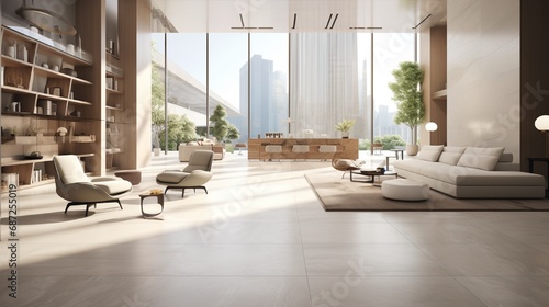 A floor designed with seamlessly arranged, large-format porcelain tiles.