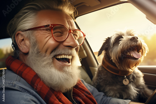 Happy senior man with his dog in a car. Traveling with pets concept