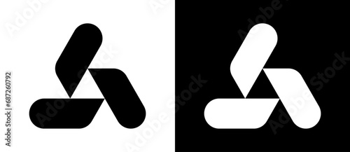 Triangle with 3 rounded shapes as logo, icon or design element. Black shape on a white background and the same white shape on the black side.