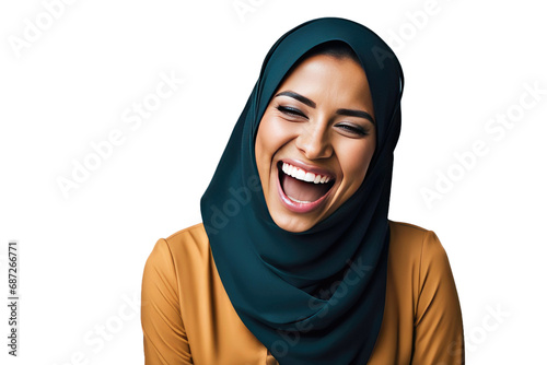 a high quality stock photograph of a happy young islam woman laughs and screams with joy isolated on white background