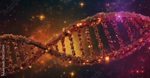 DNA double helix superimposed on a backdrop of deep space. Emblematic of the interconnection between the microscopic and the cosmic worlds. Relationship between the origins of life and cosmos