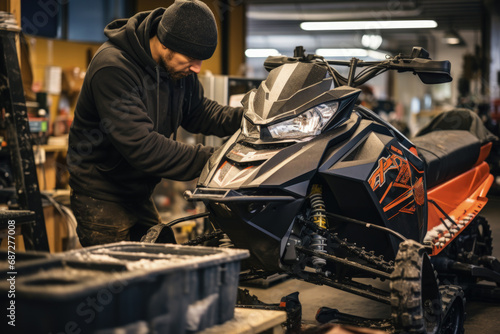 A mechanic servicing a snowmobile in a subzero workshop 