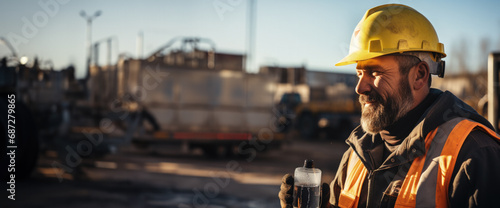 A worker pausing to drink from an insulated flask at a construction site the concept of hydration 