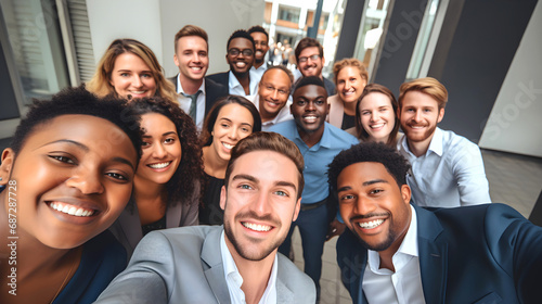 Multiracial group of business people taking a selfie together with coworkers at office after the meeting end. Friends for social network. Close-up