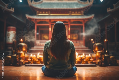 Capturing the essence of a Chinese woman's spiritual journey as she prays and meditates, cultivating both inner peace and mental health in the sacred space of the temple
