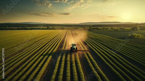 Aerial view of a tractor spraying crops in a field