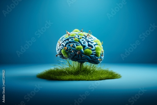 Human brain with green grass and blue background