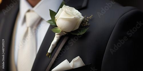 Boutonniere, white rose, on the groom's black jacket