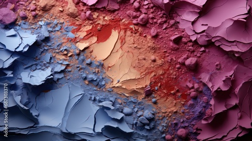  A vivid canvas of crushed eyeshadows in shades of blue, beige, pink, and red, creating a dynamic and textured mosaic of makeup pigments