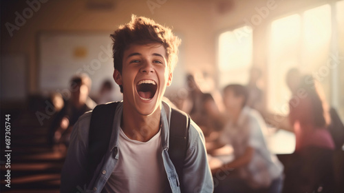 Young and handsome male student, teenage boy wearing a backpack, screaming from happiness in a classroom. Last day of school concept, summer holiday, finished education