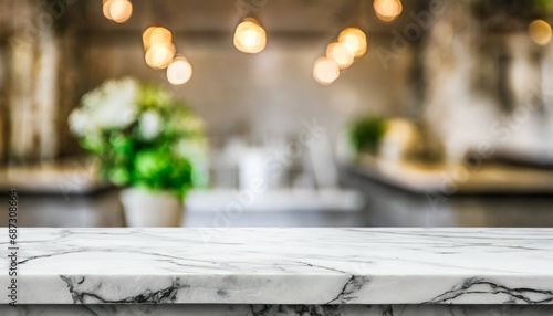 empty white table top counter desk background over blur perspective bokeh light background white marble stone table shelf and blurred kitchen restaurant for food product display mockup template