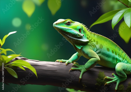 Green lizard animal on a tree hd wallpaper. AI Generative