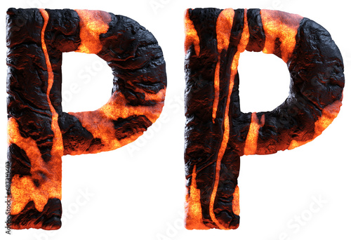 3d letter P made of rock and lava for movie or game logo