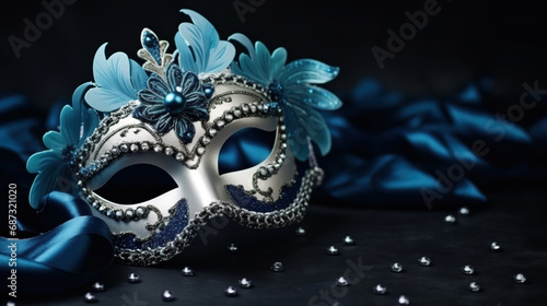 Venetian mask on a dark blue background with copy space