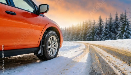 side view of an orange car with a winter tires on a snowy road