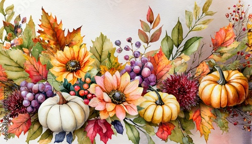 watercolor fall autumn flower marple leaves pumpkins for decoration give thanks cards