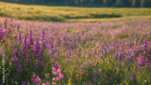 Meadow summer flowers purple and lilac colors blooming sage, Wildflowers bloom, painting the landscape with hues of lavender and violet. Among them, the fragrant sage adds an earthy note to the air. 