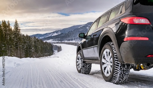 winter tire suv car on snow road tires on snowy highway detail close up view space for text the concept of family travel to a ski resort winter or spring holidays adventures